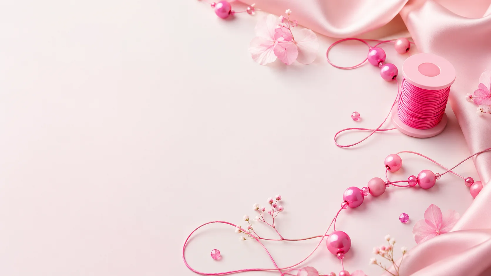 Perlas rosas, hilo, flores y satén preparados para crear joyería hecha a mano