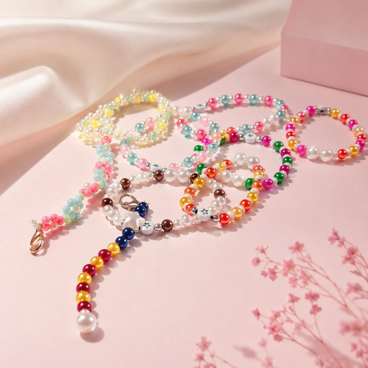 Pulseras y llaveros hechos a mano sobre un fondo rosa suave